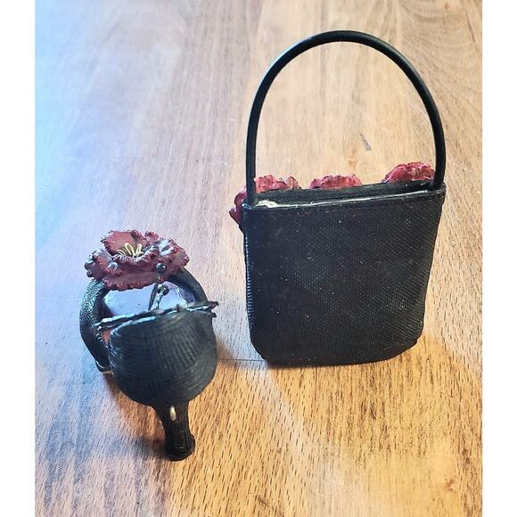 Miniature Resin Vintage Shoe and Purse Set Flowers Sandal Black Red CAKE TOPPER! - Picture 2 of 2